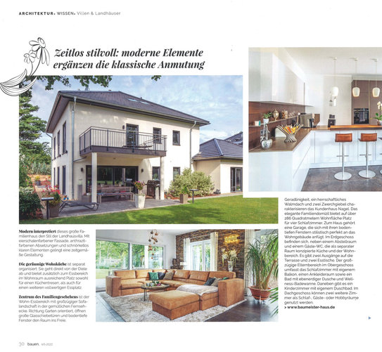 Screenshot des Artikels Architektur. Villen & Landhäuser. Zeitlos stilvoll. in der Zeitschrift bauen, 4/5, April/Mai 2022